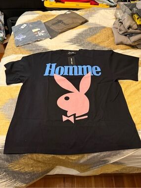 Homme Femme Playboy Graphic Tee in Black with Pink Bunny and Blue Logo size XL